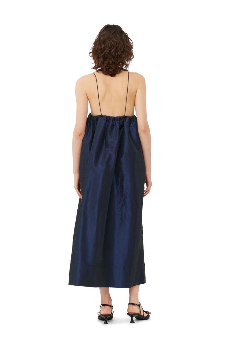 Ganni Shiny Taffeta Riemen Kleid Blau | 068-LSTUFW