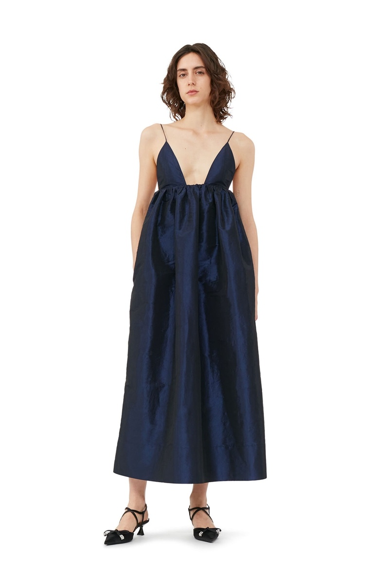 Ganni Shiny Taffeta Riemen Kleid Blau | 068-LSTUFW