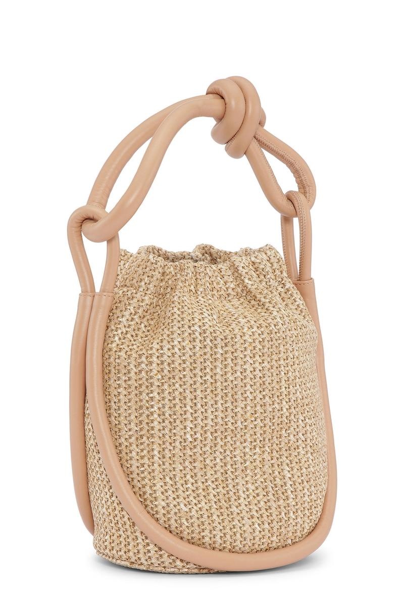 Ganni Small Knot Bucket Raffia Shoulder bag Braun | 654-MDJFBV