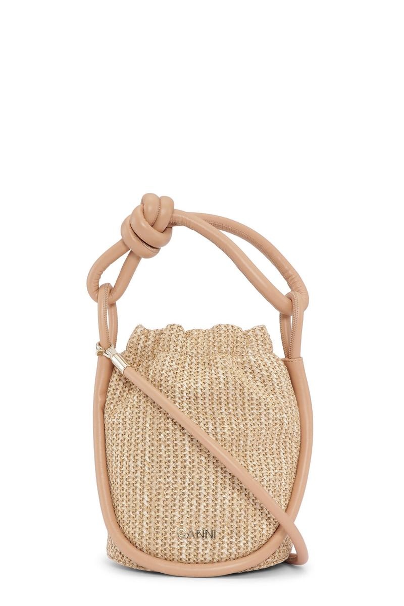 Ganni Small Knot Bucket Raffia Shoulder bag Braun | 654-MDJFBV