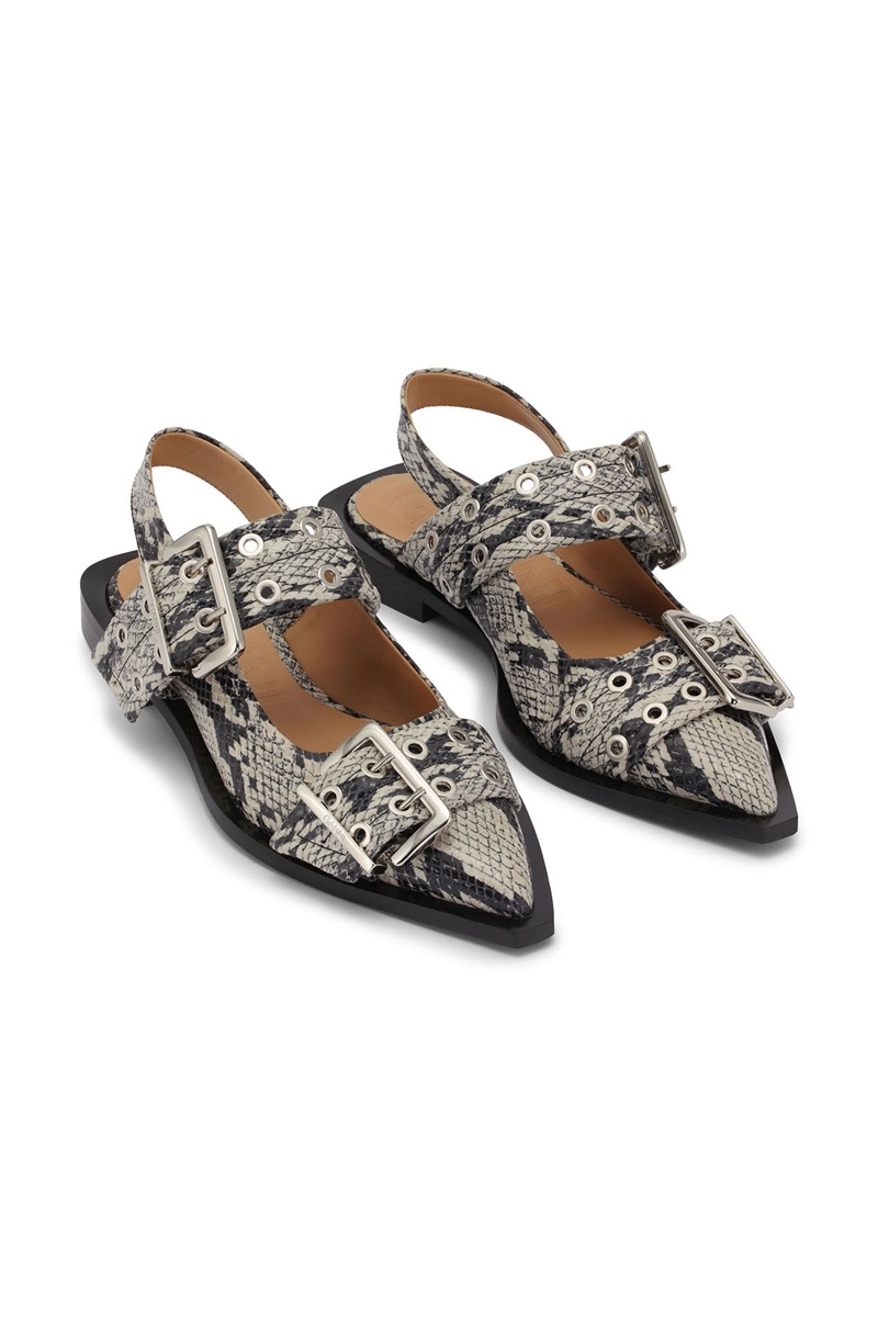 Ganni Snake Printed Chunky Schnallen Ballerinas Flat Braun | 013-DGNESR