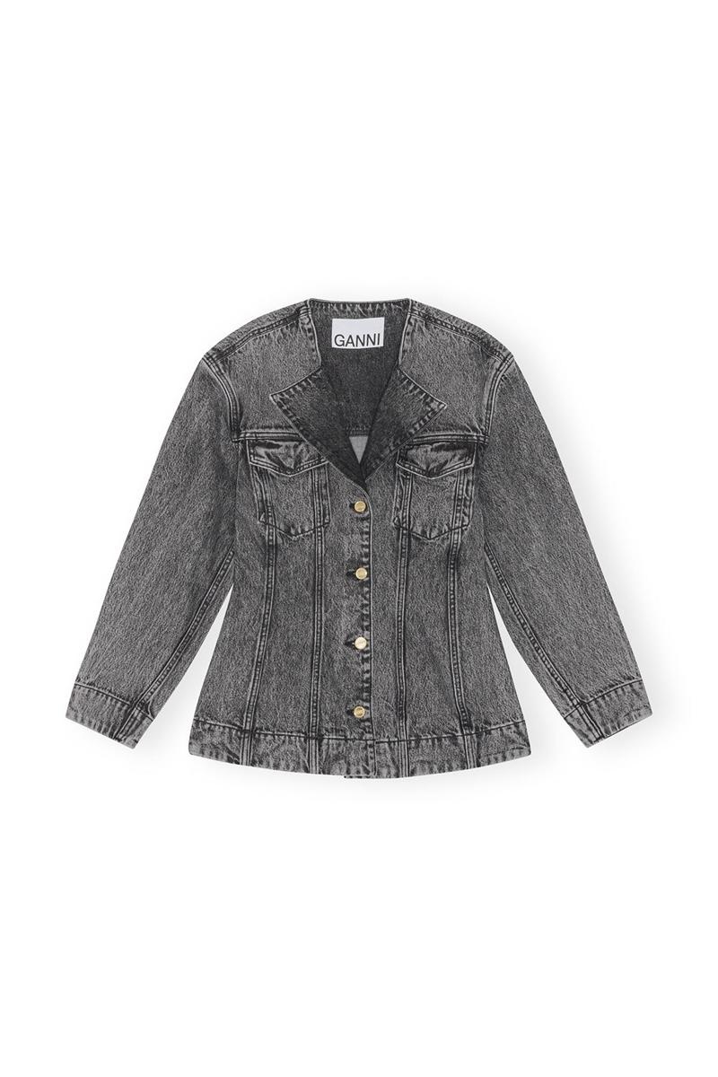 Ganni Snow Washed Denim Fitted Blazer Schwarz | 135-OFVJXW