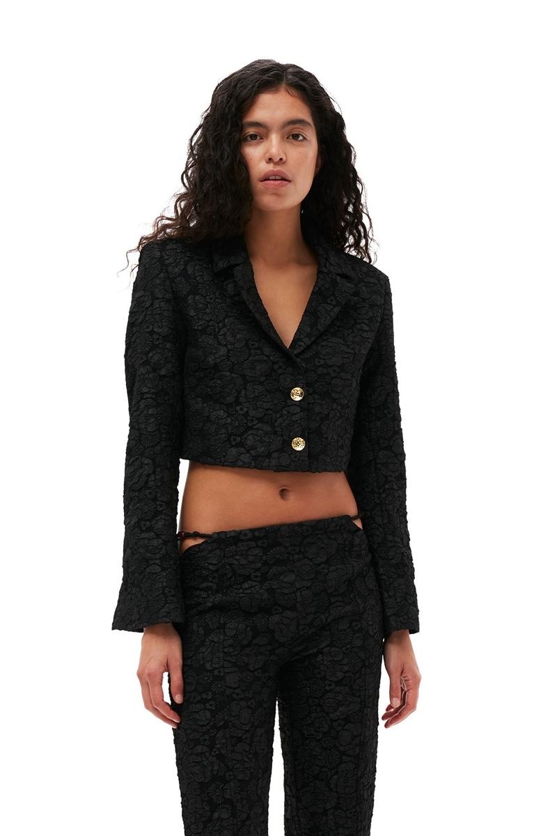 Ganni Stretch Jacquard Cropped Blazer Schwarz | 738-YONTVE