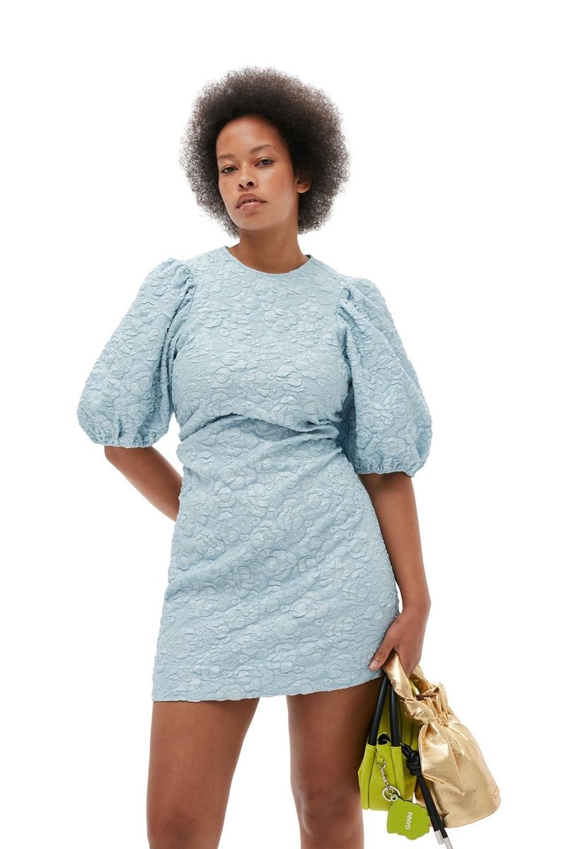 Ganni Stretch Jacquard Puff Sleeves Minikleid Blau | 739-DLOZKY