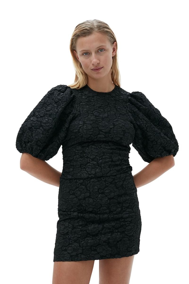 Ganni Stretch Jacquard Puff Sleeves Minikleid Schwarz | 367-XZRMDC