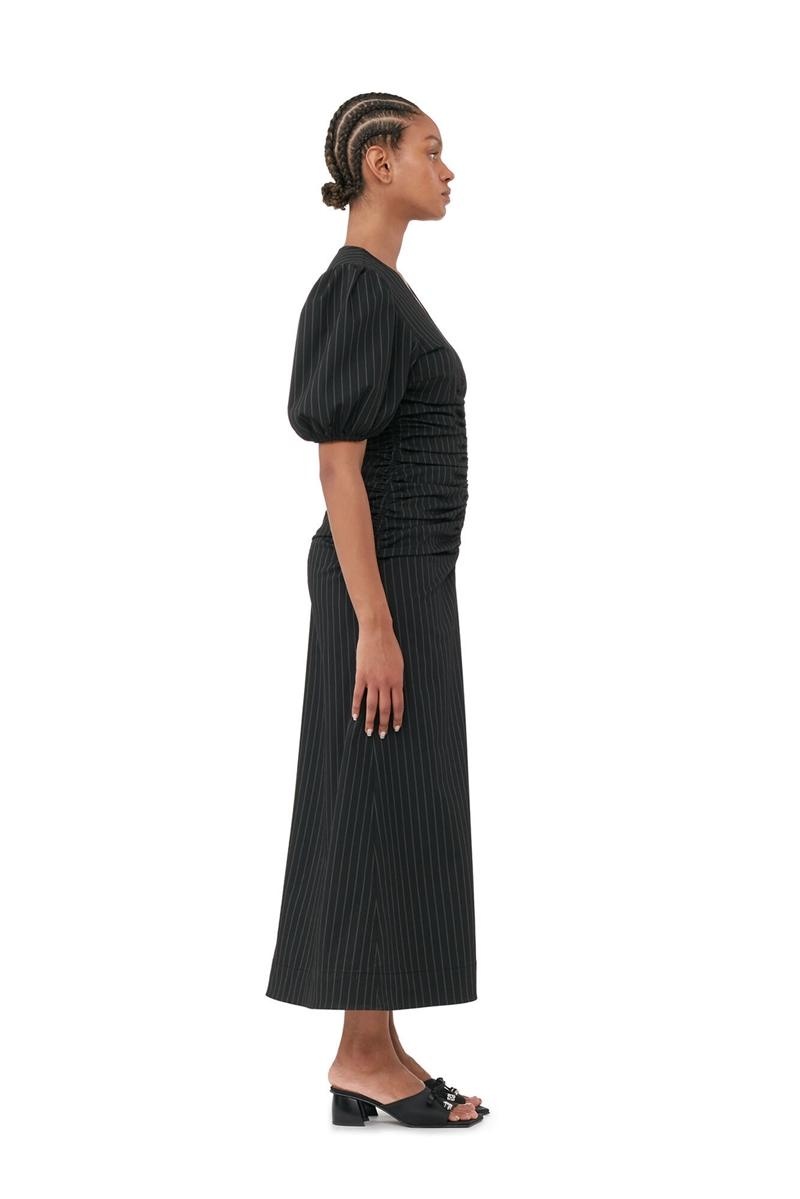 Ganni Stretch Stripe Gathered Long Kleid Schwarz | 780-TWGXUR