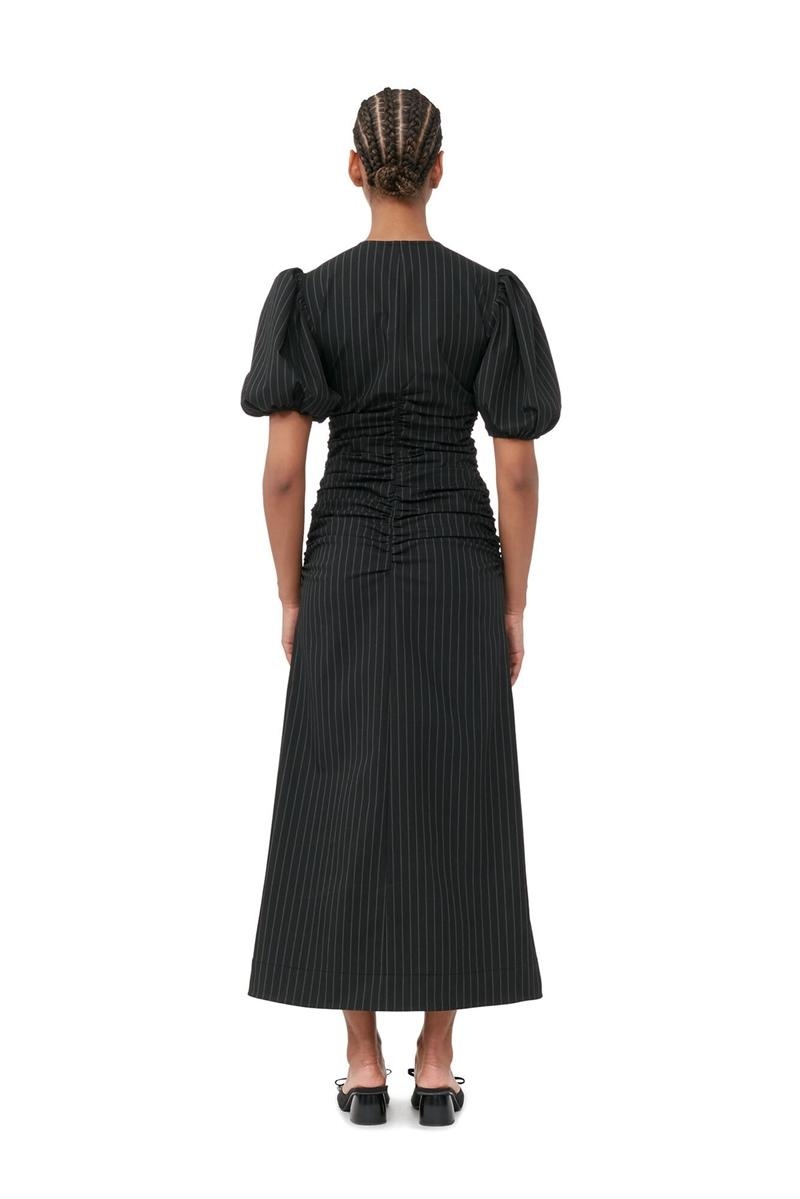 Ganni Stretch Stripe Gathered Long Kleid Schwarz | 780-TWGXUR