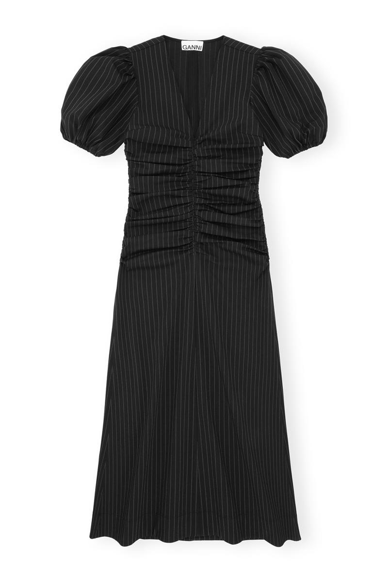 Ganni Stretch Stripe Gathered Long Kleid Schwarz | 780-TWGXUR