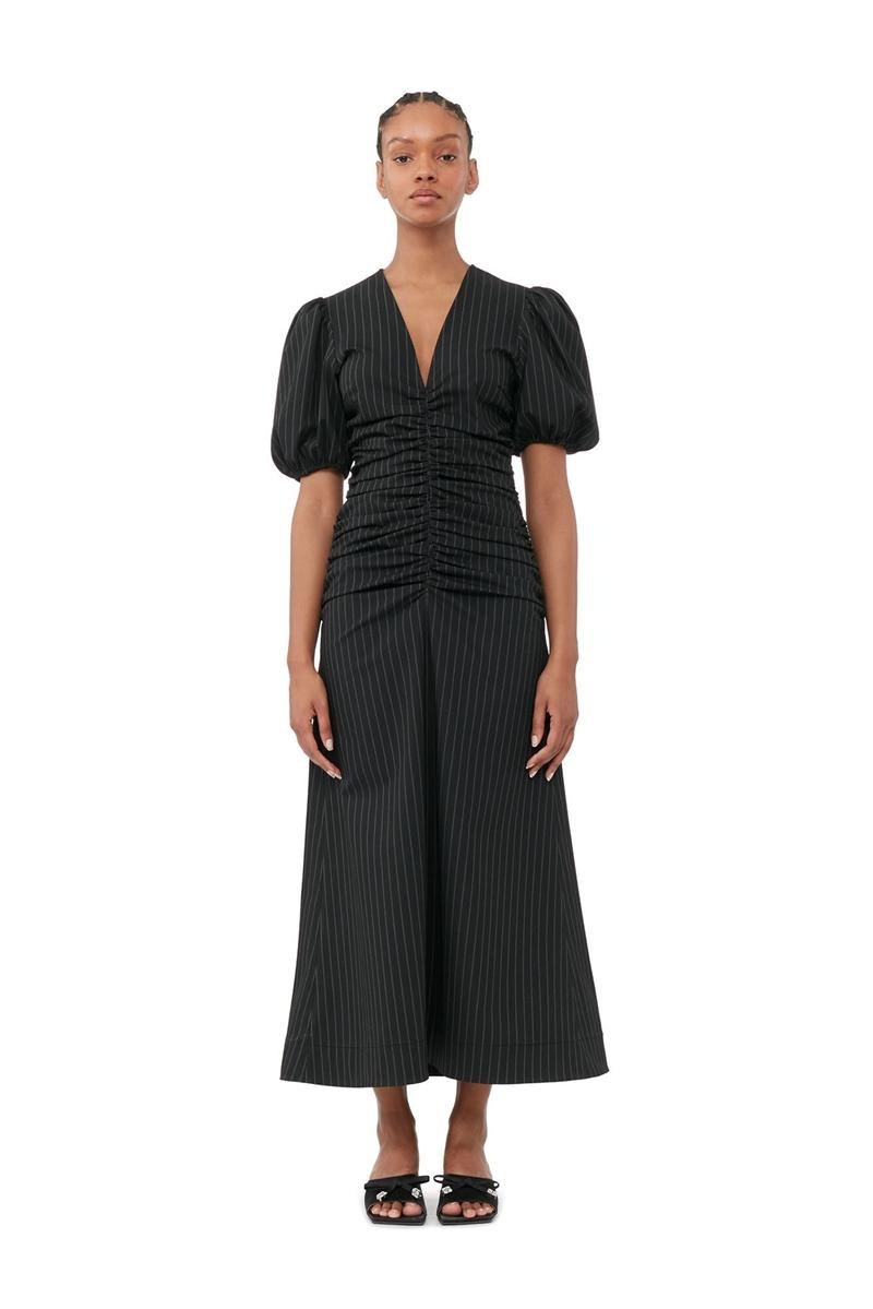 Ganni Stretch Stripe Gathered Long Kleid Schwarz | 780-TWGXUR