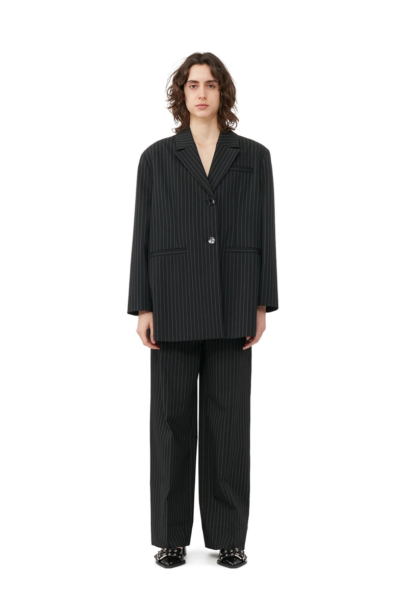 Ganni Stretch Stripe Oversized Blazer Schwarz | 945-SGFQMD