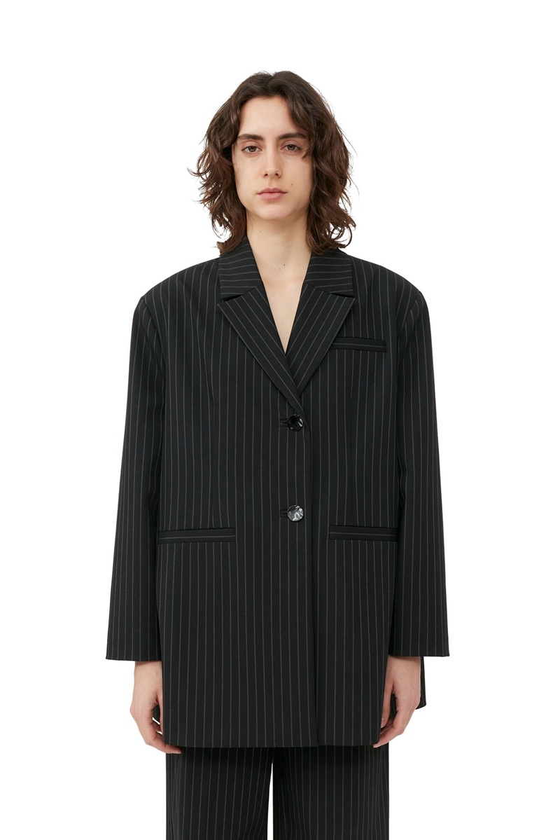 Ganni Stretch Stripe Oversized Blazer Schwarz | 945-SGFQMD