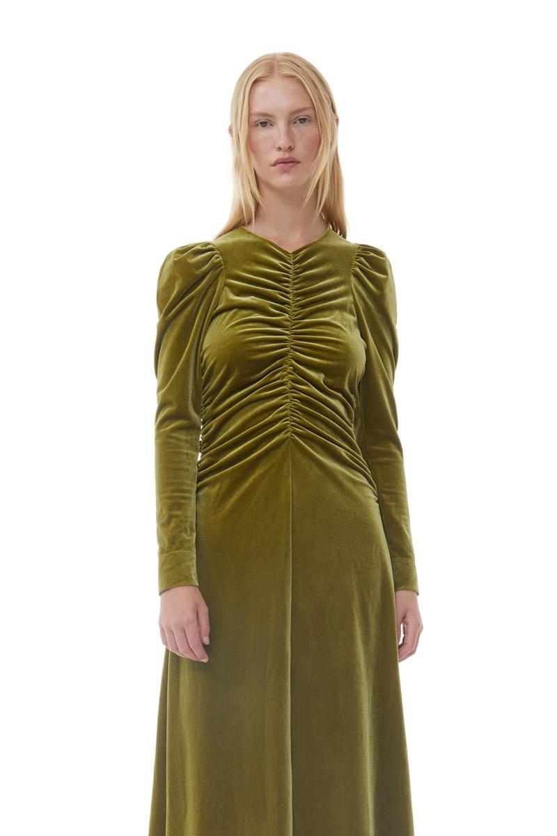 Ganni Velvet Jersey Long Kleid Senfgelb Grün | 315-KFORMW