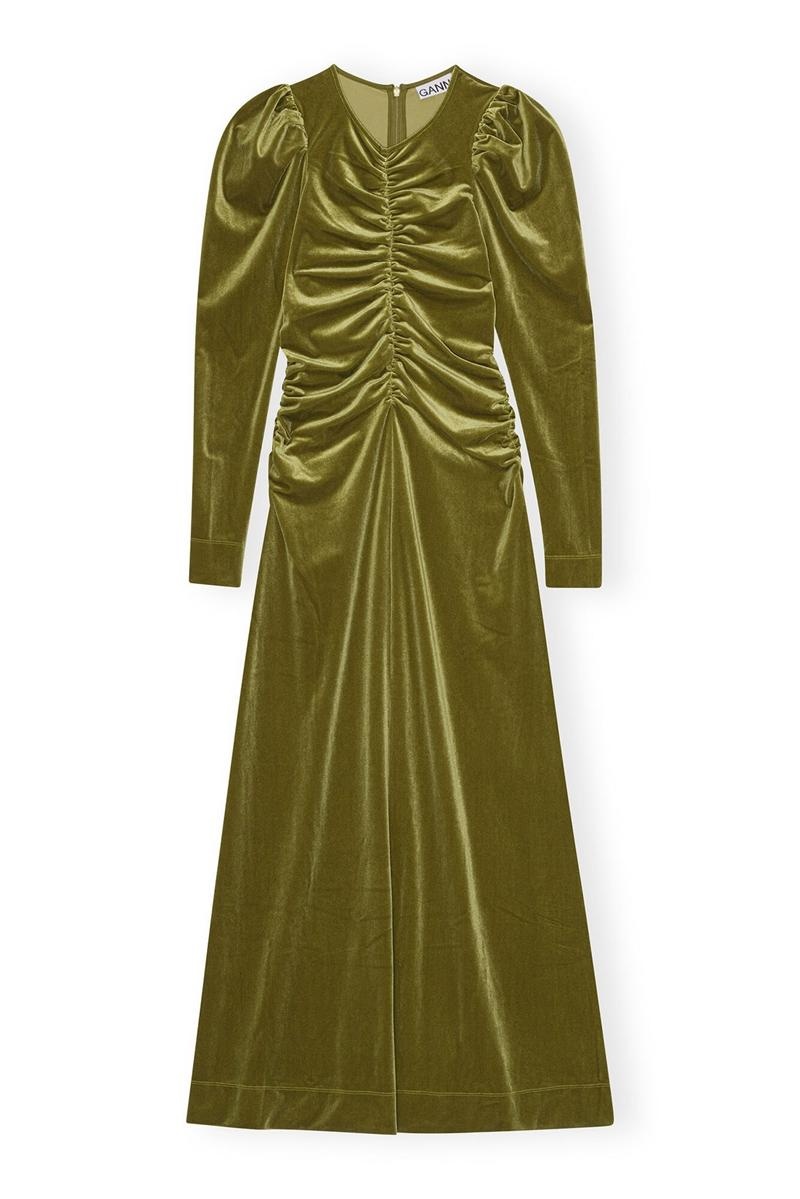 Ganni Velvet Jersey Long Kleid Senfgelb Grün | 315-KFORMW