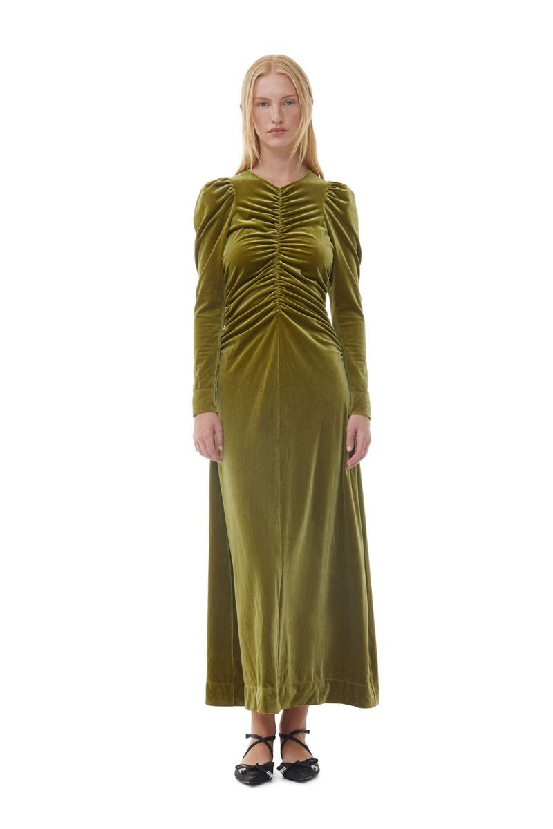 Ganni Velvet Jersey Long Kleid Senfgelb Grün | 315-KFORMW