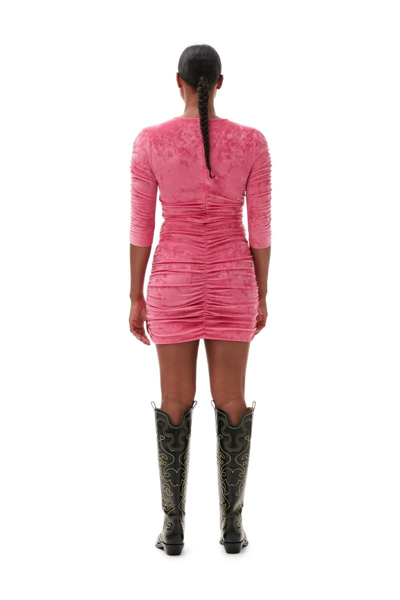 Ganni Velvet O-neck Kleid Rosa | 950-CSFZRH