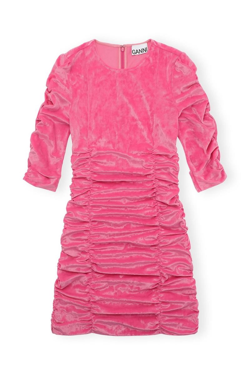 Ganni Velvet O-neck Kleid Rosa | 950-CSFZRH